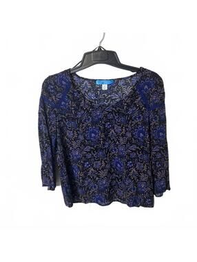 Just One Women's Romantic Boho Black Blue Floral 3/4 Sleeve Top Size Small
